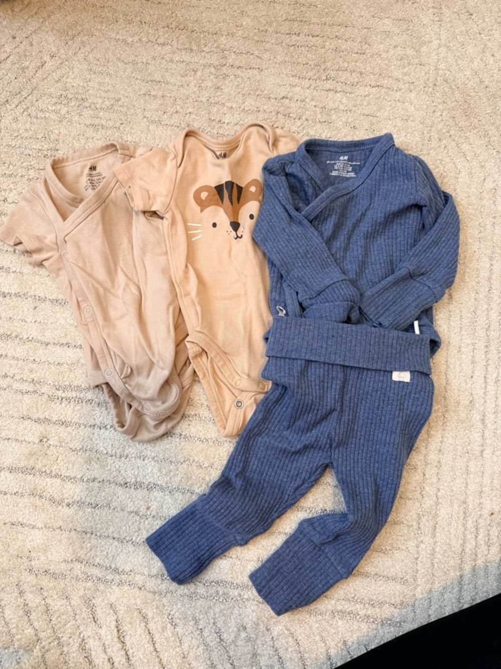 H&M Blue Ribbed Wrap Jumpsuit with Beige Animal-Print and Solid Bodysuits
